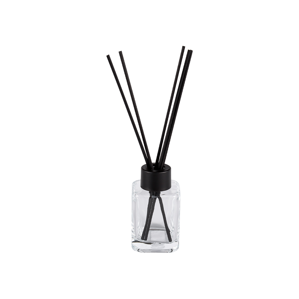 ขวดกระจายกลิ่นทรงสี่เหลี่ยม HJ-RX2248 พร้อมฝาพลาสติกแบบสกรูคอและสติ๊กเกอร์ไฟเบอร์สีดำด้าน