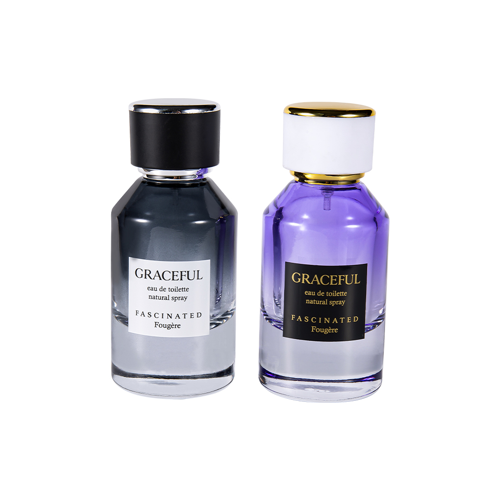 GC4416-WJ2098 ขวดน้ำหอมแก้วพิมพ์ลายเคลือบขนาด 50 มล. พร้อมหนัง, ฝาพลาสติก ABS, ซับใน PP กันรังสียูวี