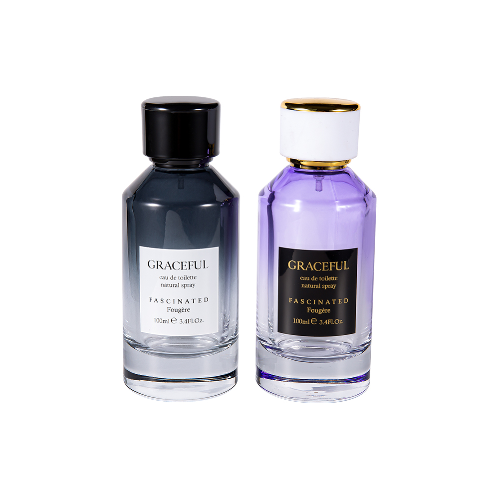 GC4418-WJ2098 ขวดน้ำหอมแก้วพิมพ์ลายเคลือบสีขนาด 100 มล. พร้อมฝาพลาสติก ABS หนังและซับ UV PP