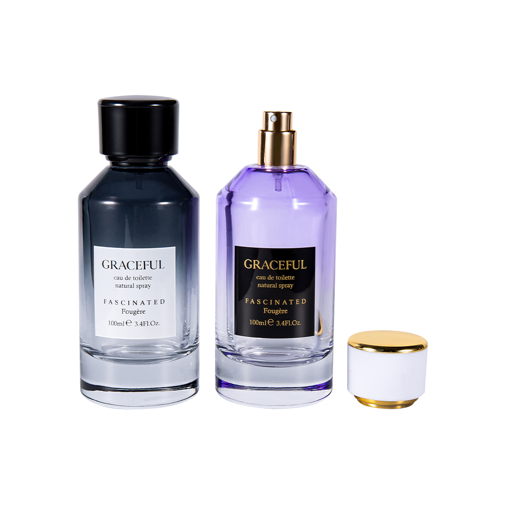 GC4418-WJ2098 ขวดน้ำหอมแก้วพิมพ์ลายเคลือบสีขนาด 100 มล. พร้อมฝาพลาสติก ABS หนังและซับ UV PP