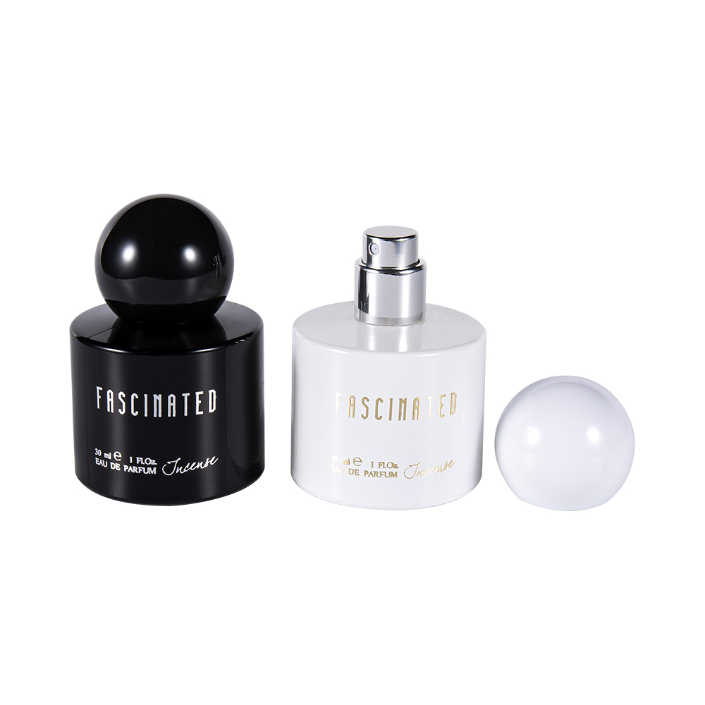 GC4748-WJ2537 ขวดน้ำหอมแก้วฟอยล์สีทองเคลือบทรงกระบอกขนาด 30 มล. พร้อมฝาพลาสติก ABS PP ทรงกลม