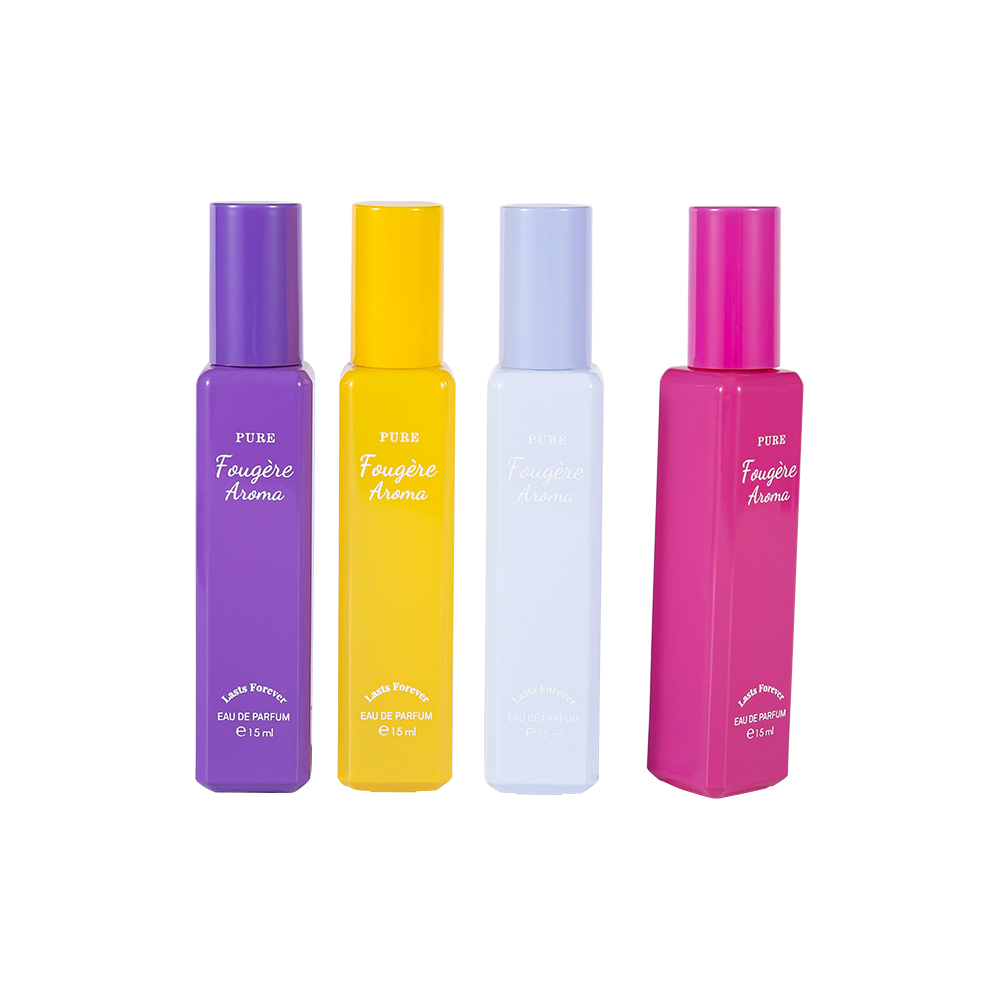 GC4222-WJ2369 ขวดน้ำหอมแก้วเคลือบความจุขนาดเล็ก 15 มล. พร้อมฝาพลาสติก PP สีสันสดใส