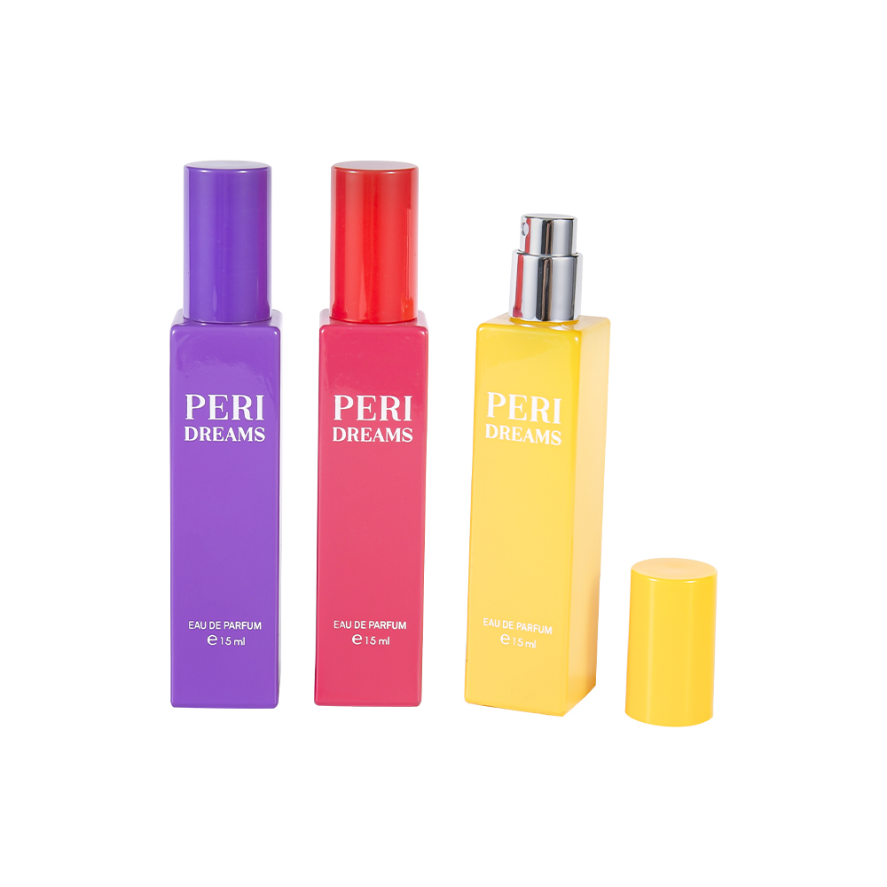 GC4421-WJ2369B ขวดน้ำหอมแก้วสี่เหลี่ยมเคลือบความจุขนาดเล็ก 15 มล. พร้อมฝา PP ทรงกระบอก