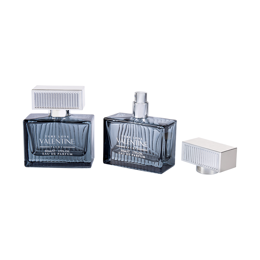 KY1111-WJ2092 ขวดน้ำหอมแก้วลายแนวตั้งขนาด 50 มล. พร้อมแถบฝาพลาสติก UV ABS