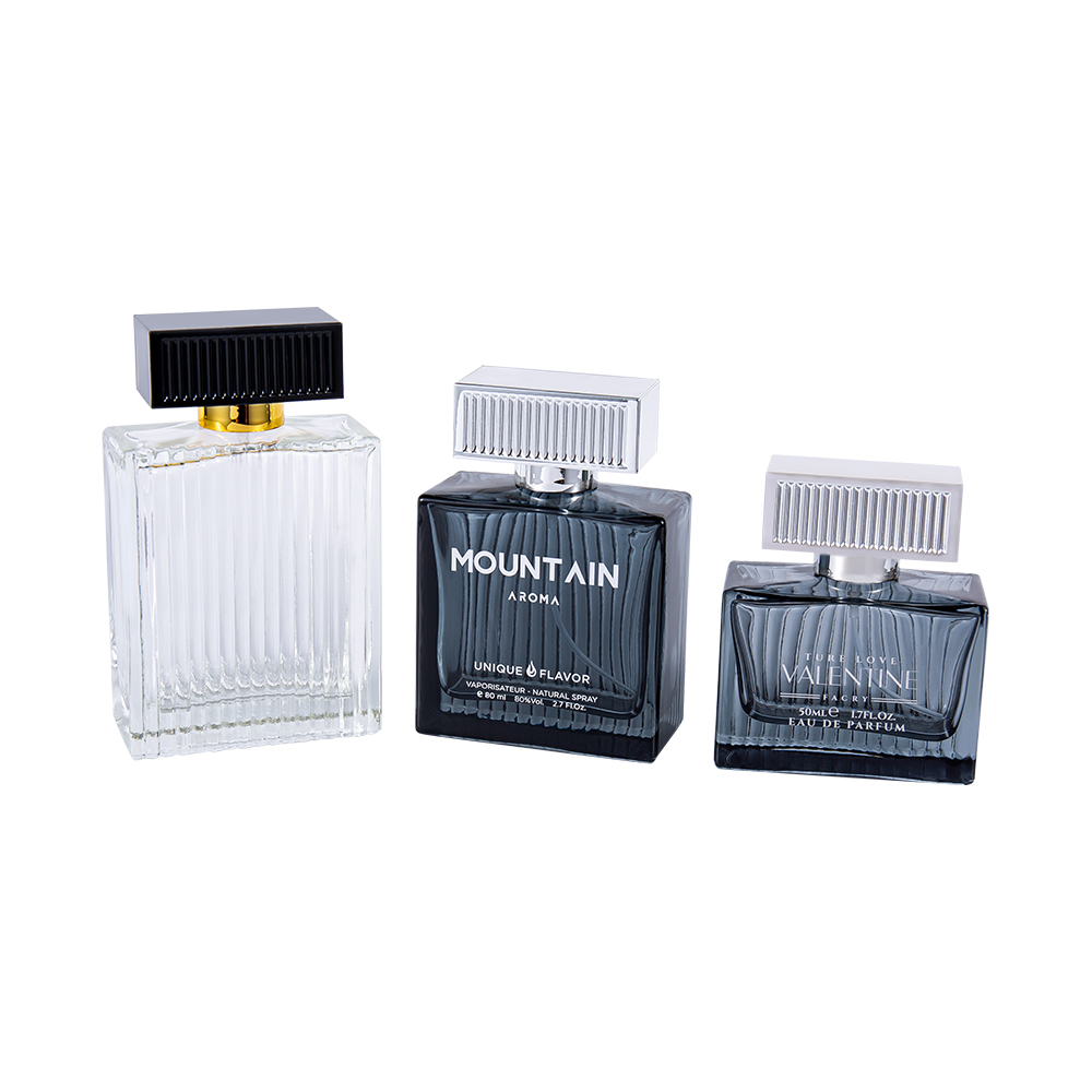 KY1111-WJ2092 ขวดน้ำหอมแก้วลายแนวตั้งขนาด 50 มล. พร้อมแถบฝาพลาสติก UV ABS