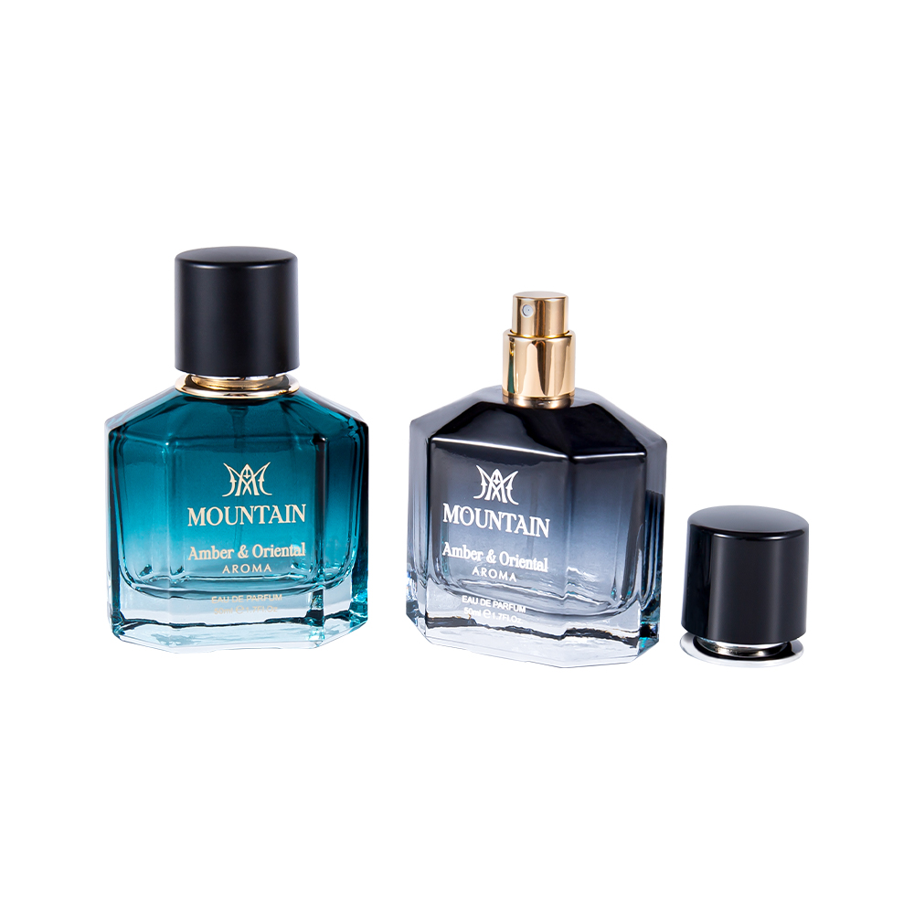 GC4030-WJ2099 ขวดน้ำหอมแก้วขนาด 50 มล. พร้อมการพิมพ์เคลือบและเทปปั๊มร้อน PP Abs หมวกน้ำหอม UV