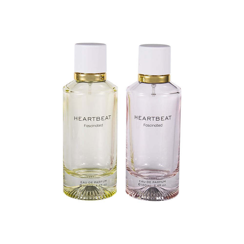 GC4406-WJ2326 ขวดน้ำหอมก้นมีลวดลายขนาด 100 มล. พร้อมฝาน้ำหอมสีขาวและวงแหวนอะลูมิเนียมขนาดใหญ่